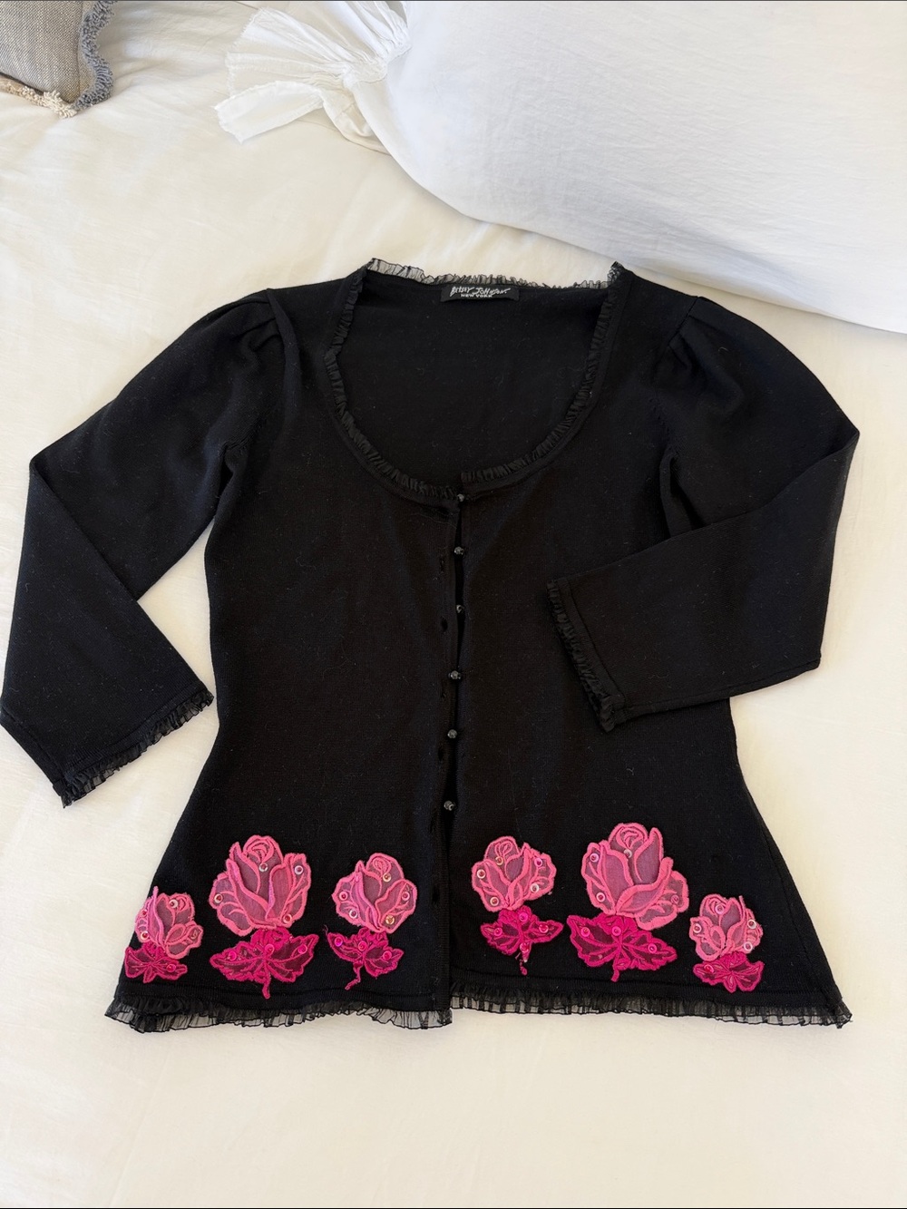Vintage Betsey Johnson Black Button-Front Top with Pink Rose Embroidery